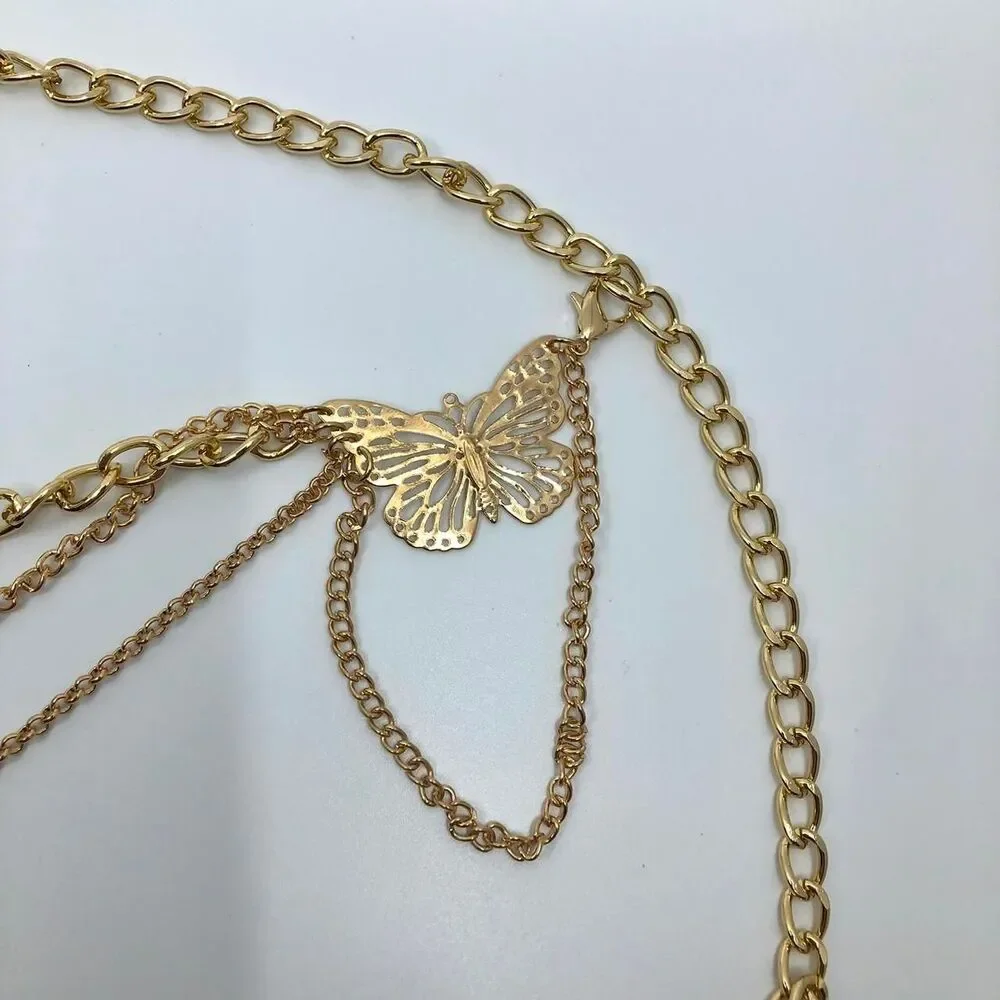 Women's Gold Butterfly Layered Chain Belt, 37 Inches, X7G9A1047